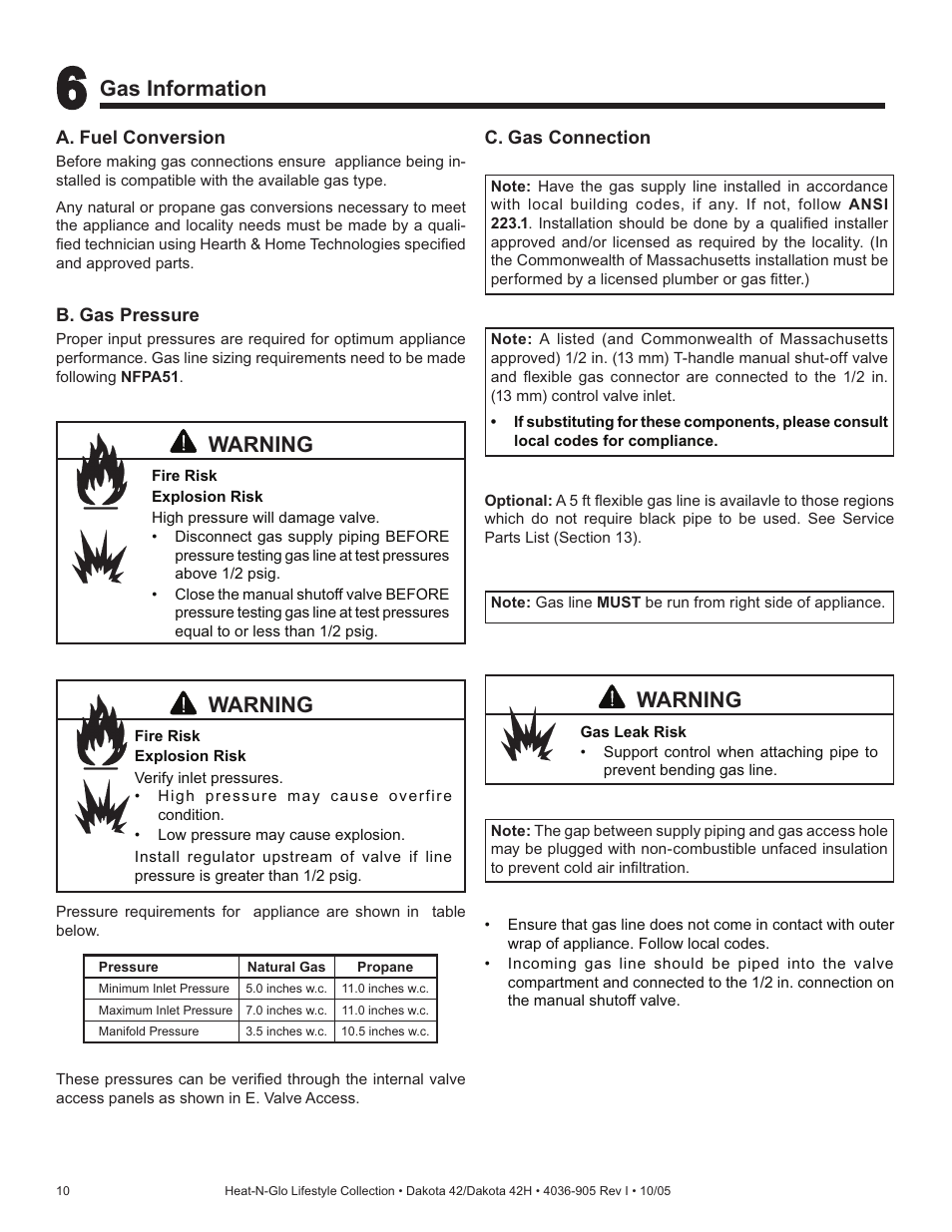 Warning, Gas information | Hearth and Home Technologies Heat-N-Glo Dakota 42 User Manual | Page 10 / 36