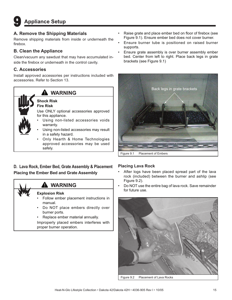 Warning, Appliance setup | Hearth and Home Technologies Heat-N-Glo Dakota 42 User Manual | Page 15 / 36