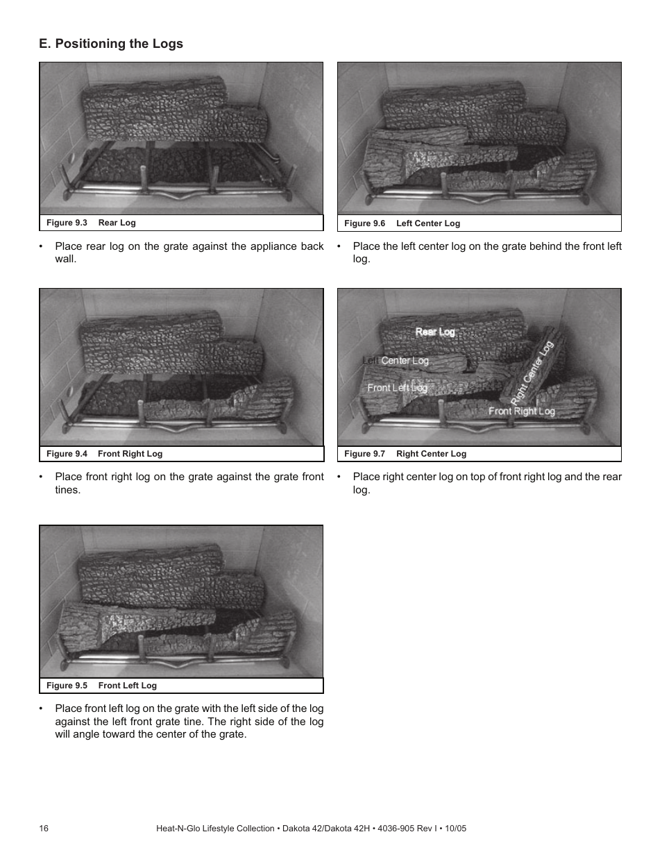 E. positioning the logs | Hearth and Home Technologies Heat-N-Glo Dakota 42 User Manual | Page 16 / 36