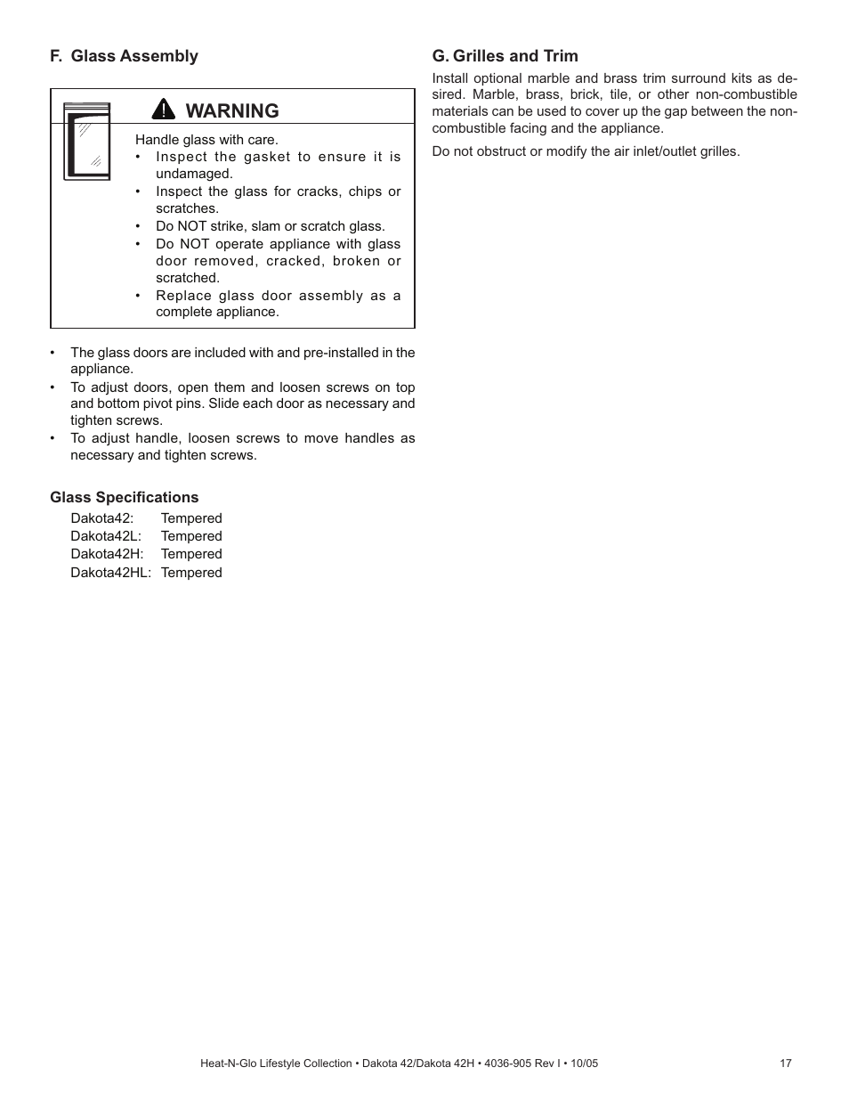 Warning | Hearth and Home Technologies Heat-N-Glo Dakota 42 User Manual | Page 17 / 36