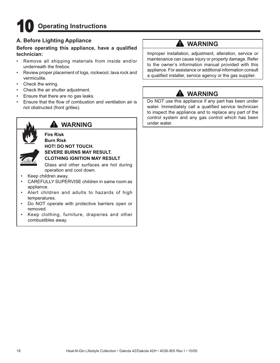 Warning, Operating instructions | Hearth and Home Technologies Heat-N-Glo Dakota 42 User Manual | Page 18 / 36