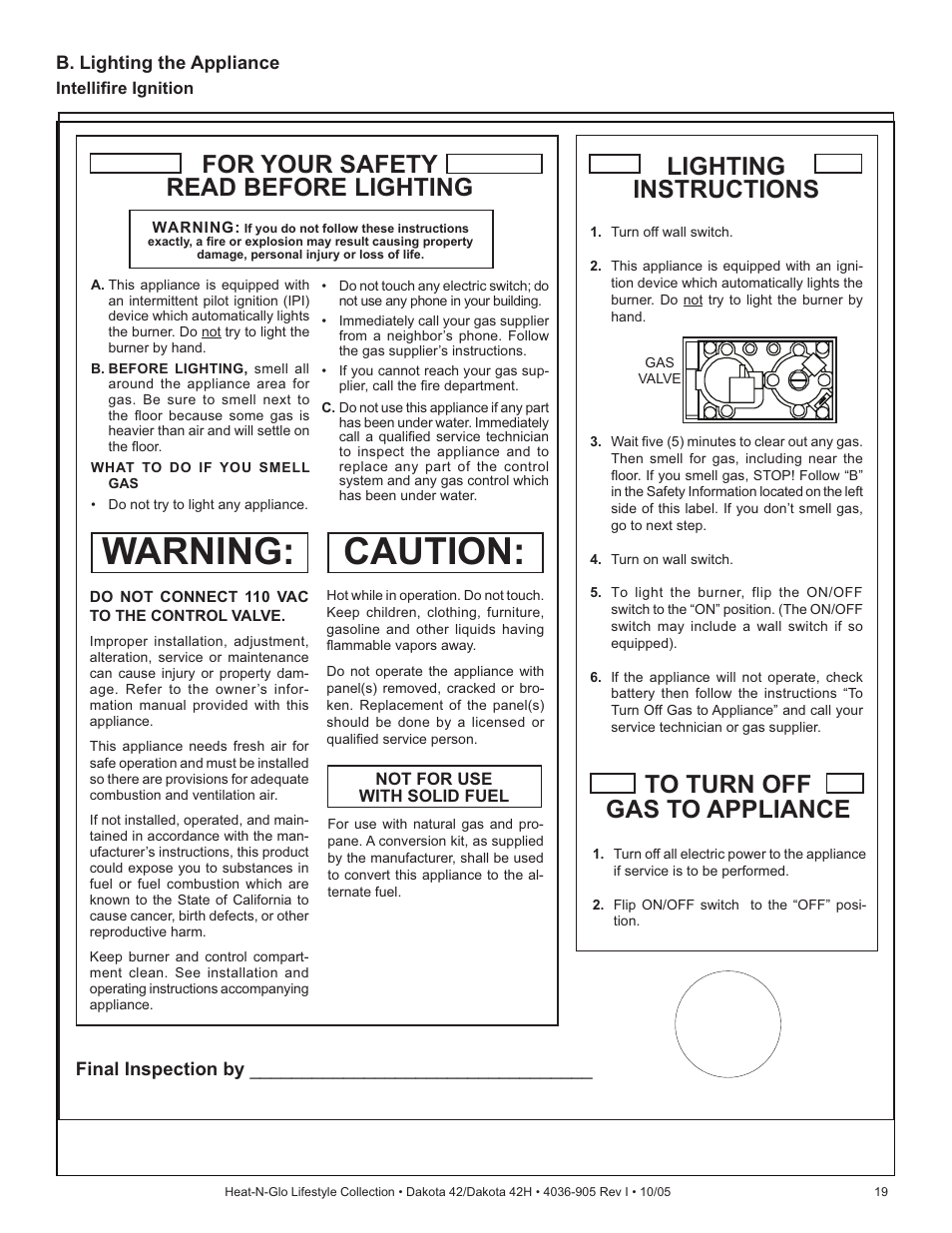 Caution, Warning, Lighting instructions to turn off gas to appliance | For your safety read before lighting | Hearth and Home Technologies Heat-N-Glo Dakota 42 User Manual | Page 19 / 36