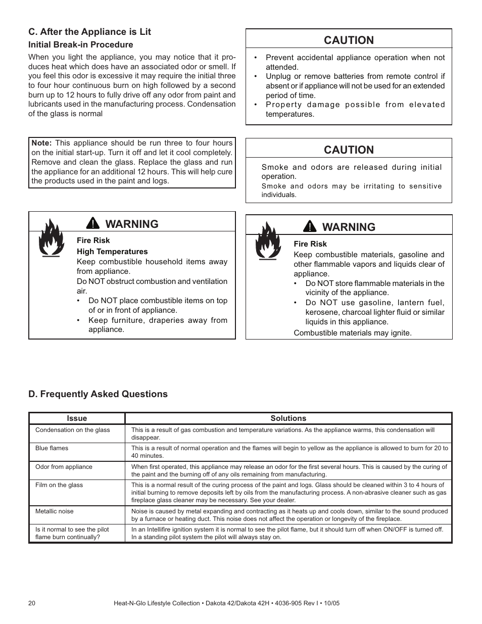 Caution, Warning | Hearth and Home Technologies Heat-N-Glo Dakota 42 User Manual | Page 20 / 36