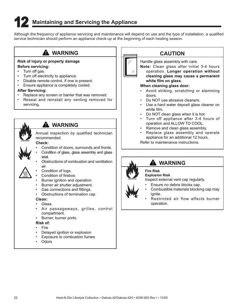 Warning, Caution, Maintaining and servicing the appliance | Hearth and Home Technologies Heat-N-Glo Dakota 42 User Manual | Page 22 / 36