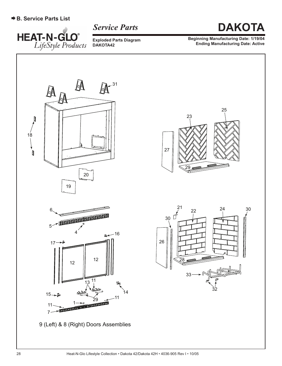 Dakota, Service parts | Hearth and Home Technologies Heat-N-Glo Dakota 42 User Manual | Page 28 / 36