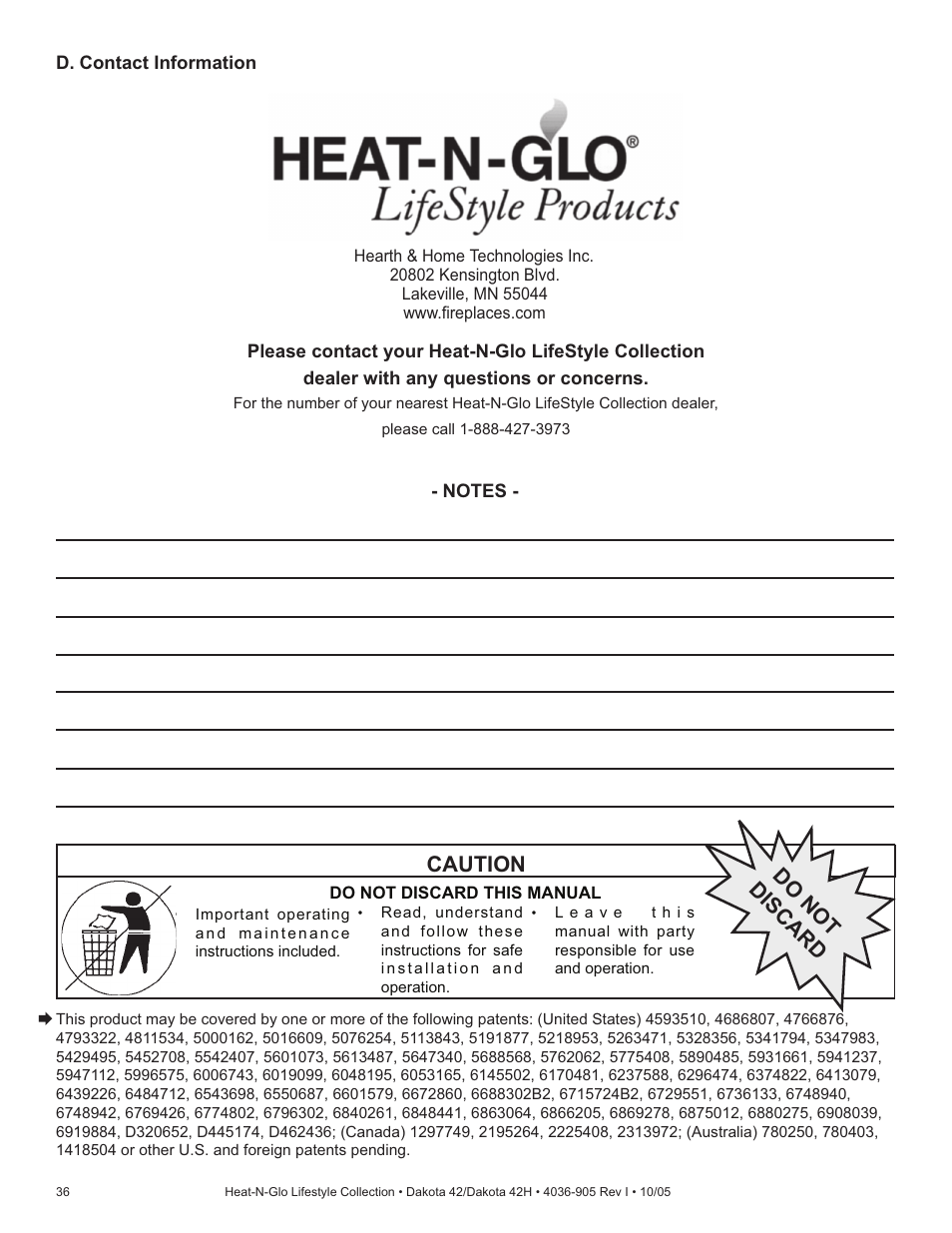 Caution, Do not discard | Hearth and Home Technologies Heat-N-Glo Dakota 42 User Manual | Page 36 / 36