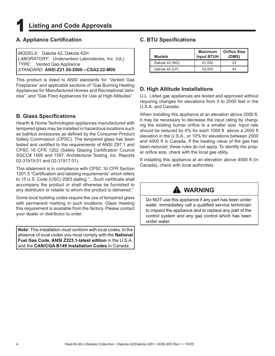 Listing and code approvals, Warning | Hearth and Home Technologies Heat-N-Glo Dakota 42 User Manual | Page 4 / 36