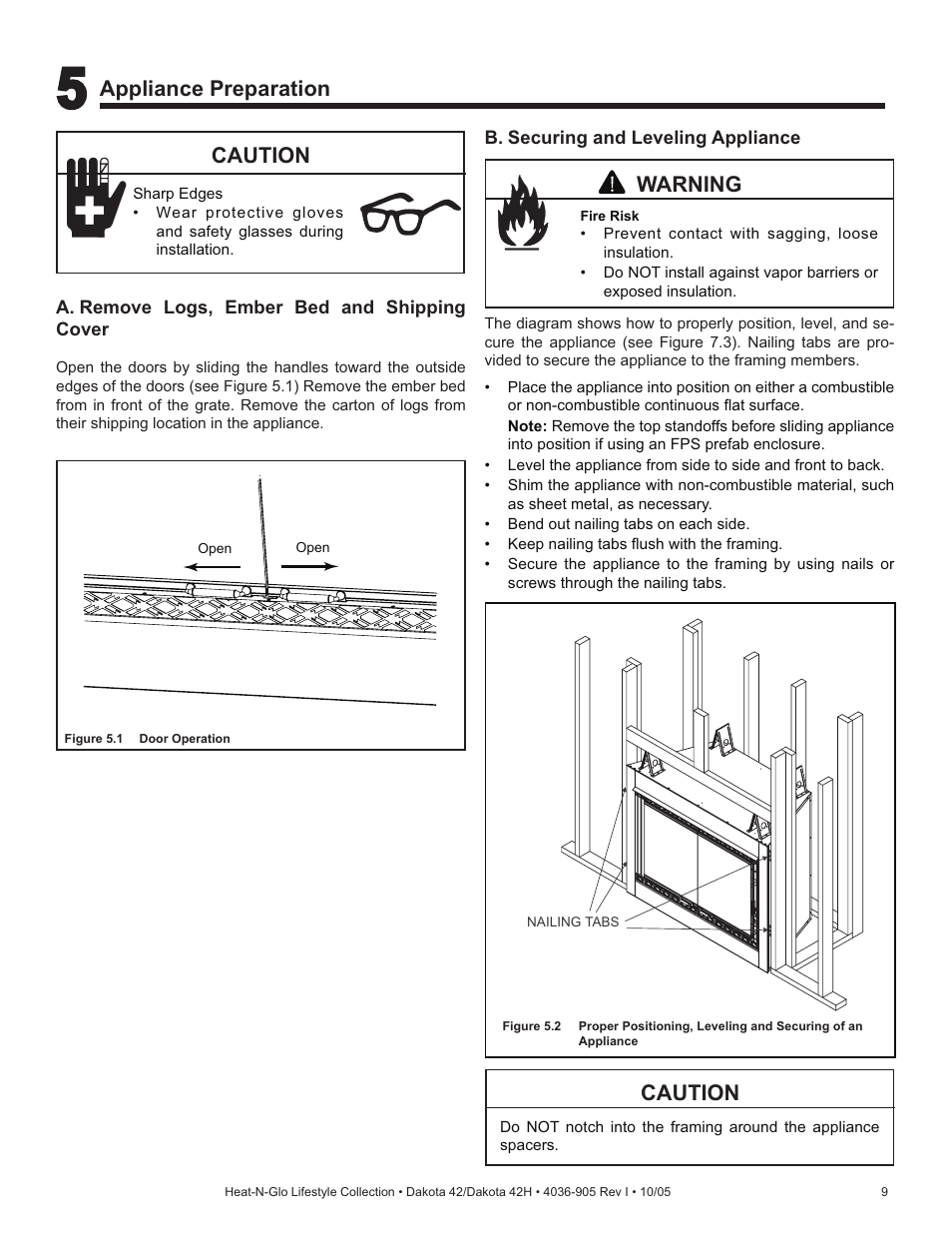 Appliance preparation, Caution, Warning | Hearth and Home Technologies Heat-N-Glo Dakota 42 User Manual | Page 9 / 36