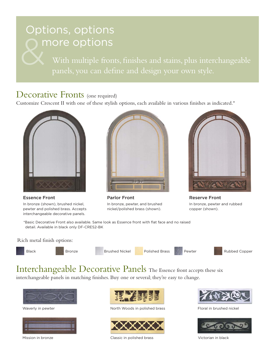 Options, options more options, Interchangeable decorative panels, Decorative fronts | Hearth and Home Technologies Crescent II User Manual | Page 4 / 6