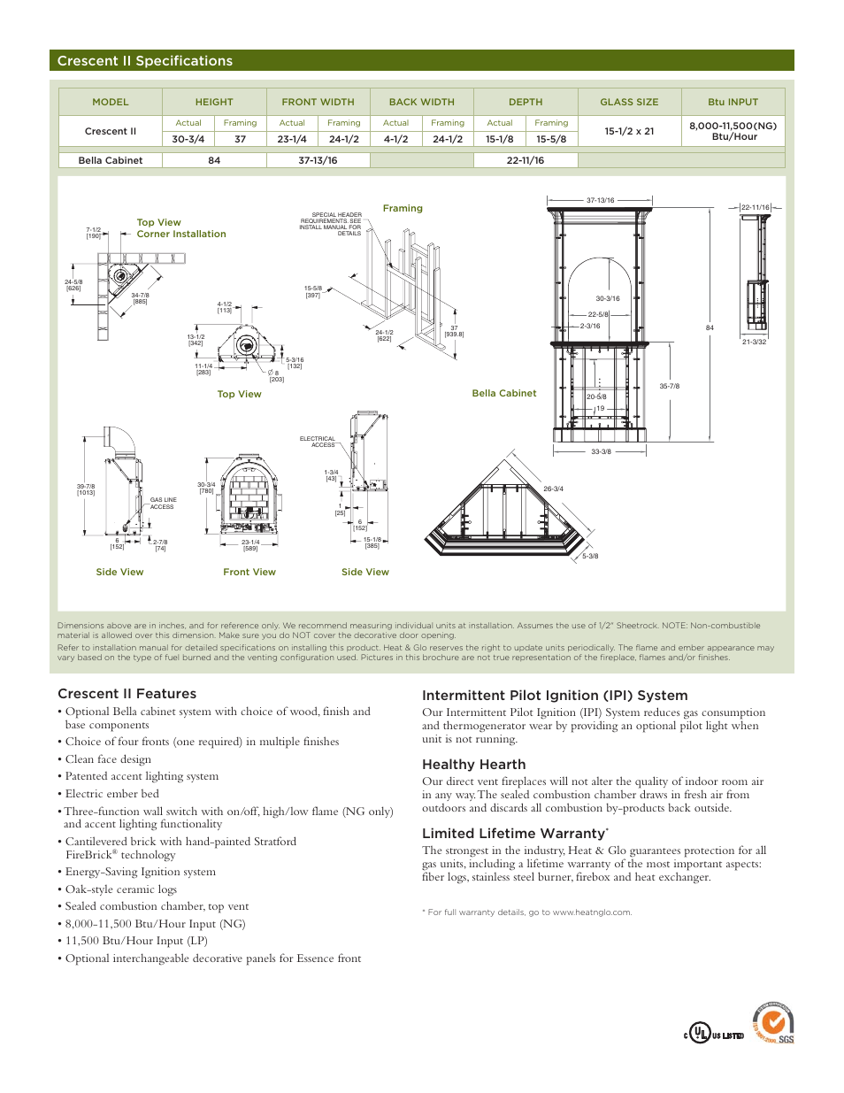 Intermittent pilot ignition (ipi) system, Healthy hearth, Limited lifetime warranty | Crescent ii specifications, Crescent ii features | Hearth and Home Technologies Crescent II User Manual | Page 5 / 6