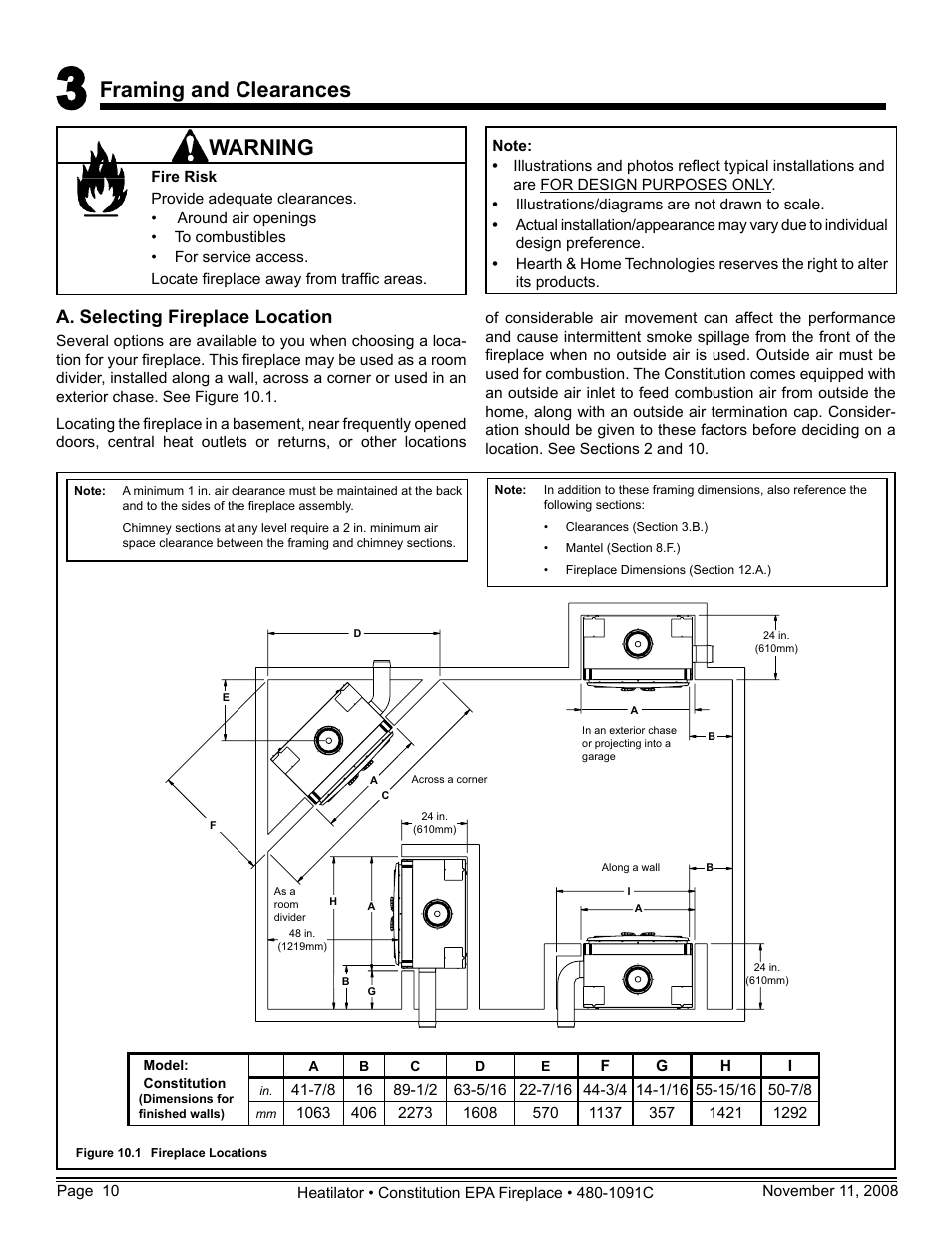 Framing and clearances, Warning, A. selecting fireplace location | Hearth and Home Technologies C-40 User Manual | Page 10 / 72
