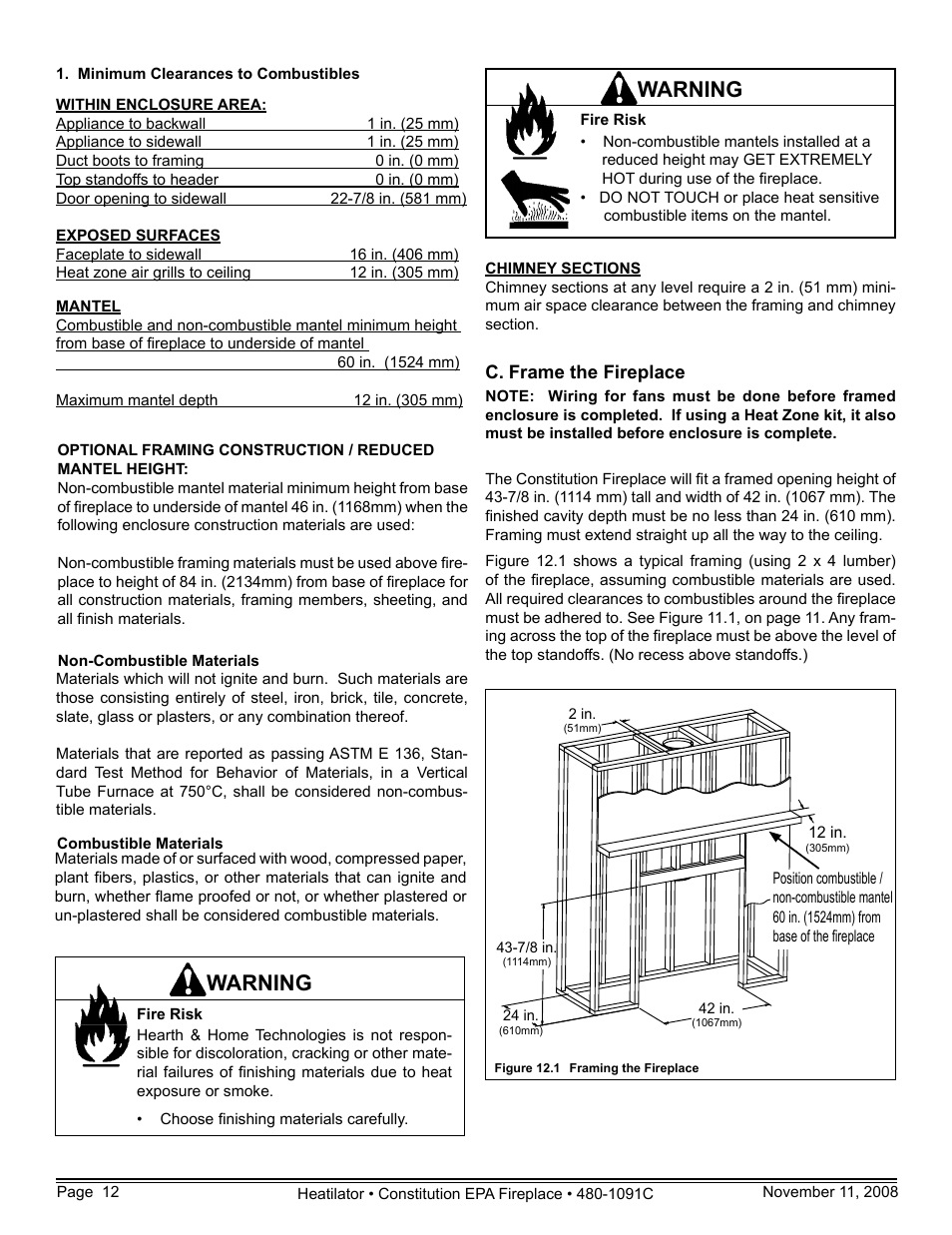 Warning | Hearth and Home Technologies C-40 User Manual | Page 12 / 72