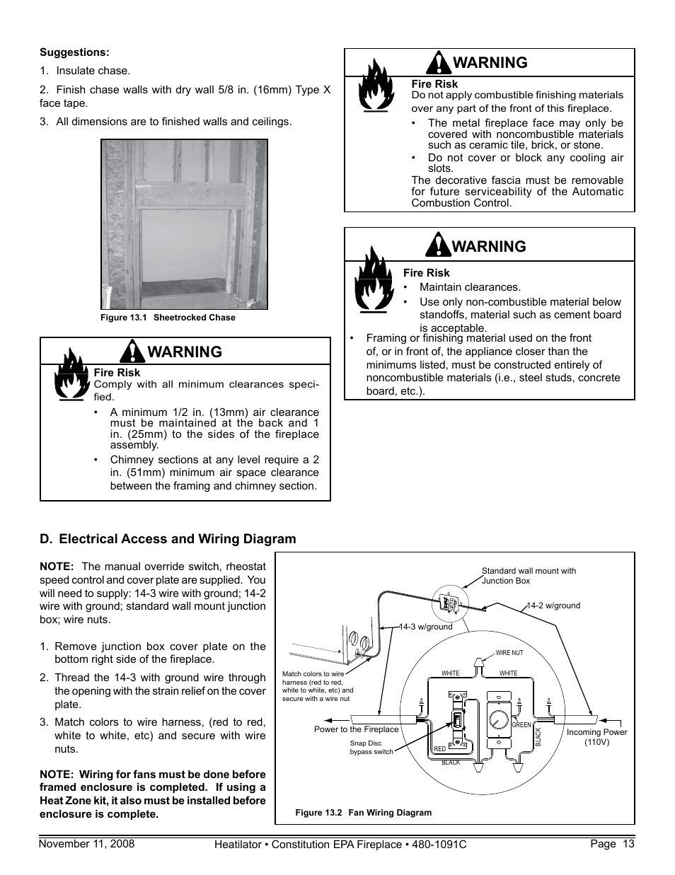 Warning, D. electrical access and wiring diagram | Hearth and Home Technologies C-40 User Manual | Page 13 / 72