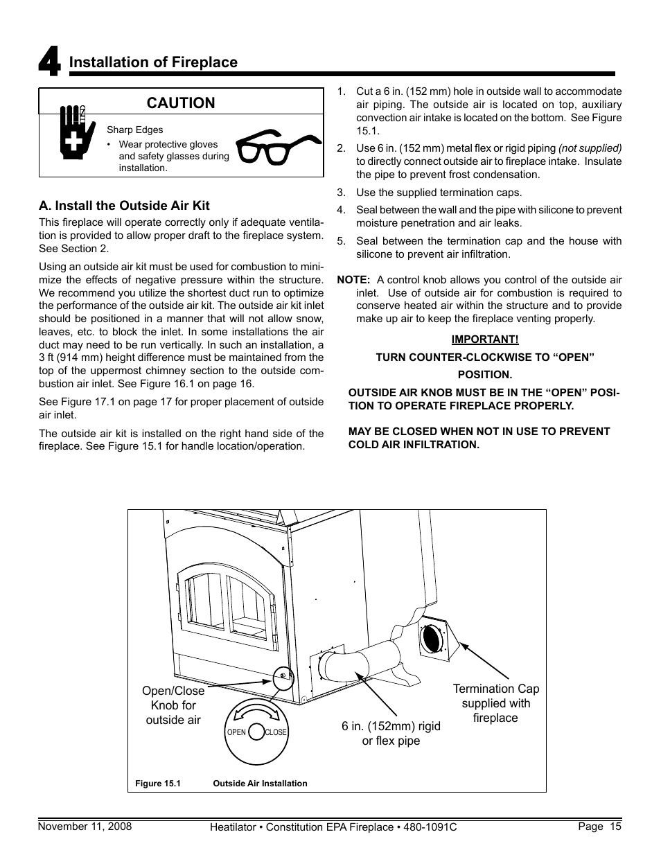Installation of fireplace, Caution | Hearth and Home Technologies C-40 User Manual | Page 15 / 72