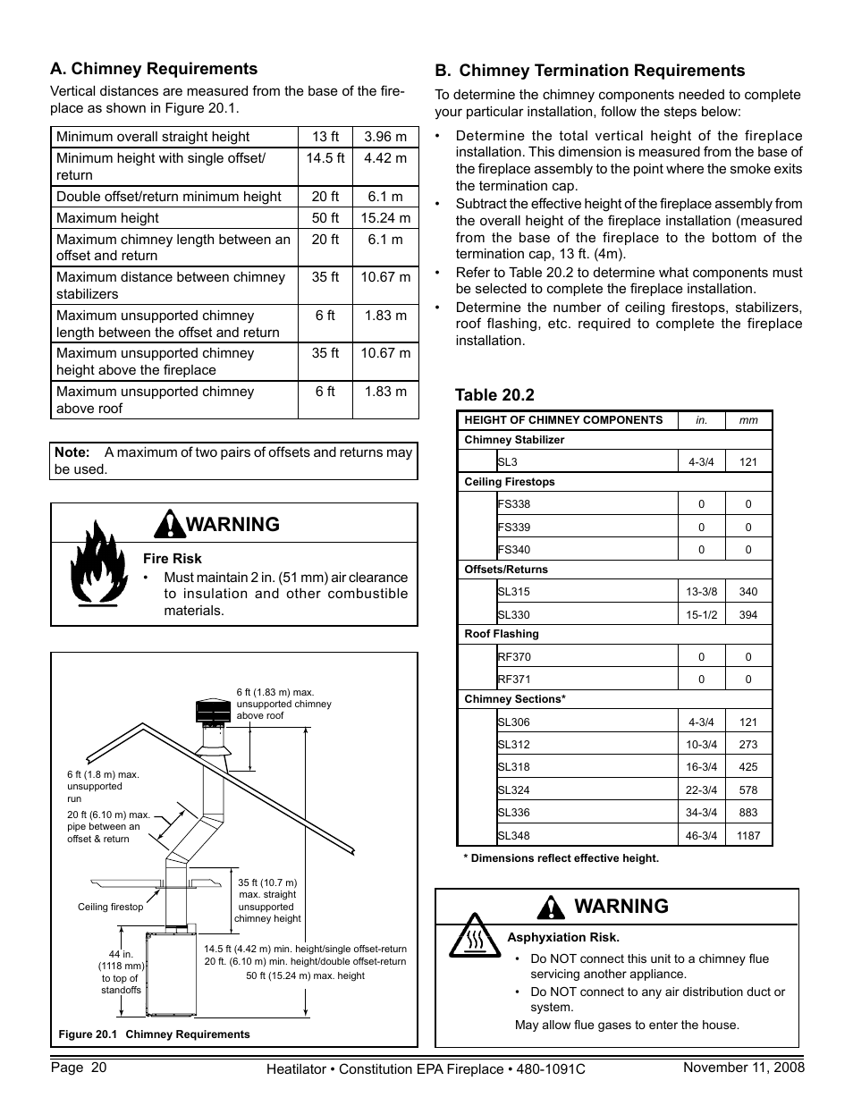 Warning, A. chimney requirements, Table 20.2 | B. chimney termination requirements | Hearth and Home Technologies C-40 User Manual | Page 20 / 72