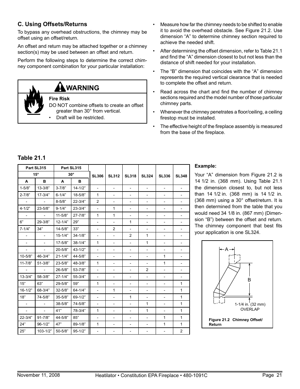 Warning, Table 21.1 c. using offsets/returns | Hearth and Home Technologies C-40 User Manual | Page 21 / 72