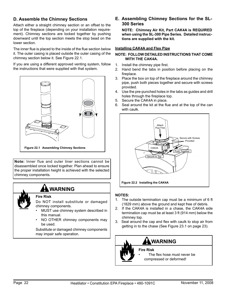 Warning | Hearth and Home Technologies C-40 User Manual | Page 22 / 72