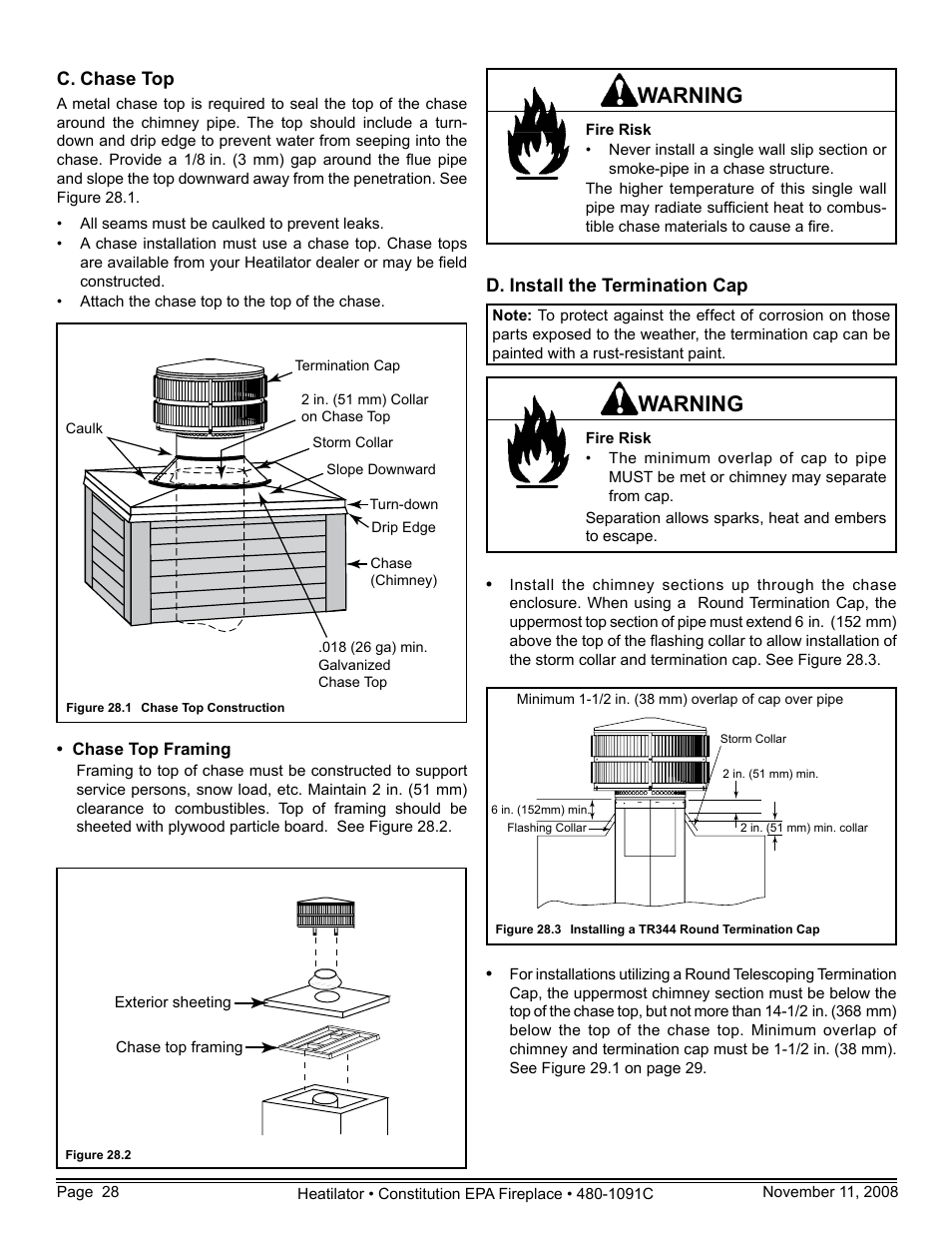 Warning | Hearth and Home Technologies C-40 User Manual | Page 28 / 72