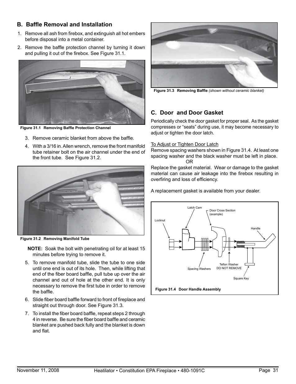B. baffle removal and installation, C. door and door gasket | Hearth and Home Technologies C-40 User Manual | Page 31 / 72