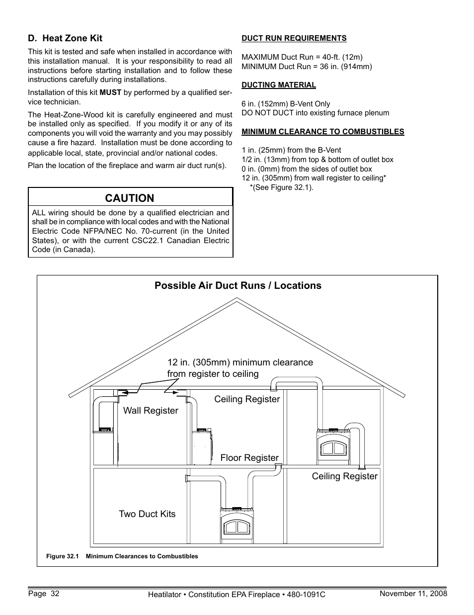 Caution, Possible air duct runs / locations | Hearth and Home Technologies C-40 User Manual | Page 32 / 72