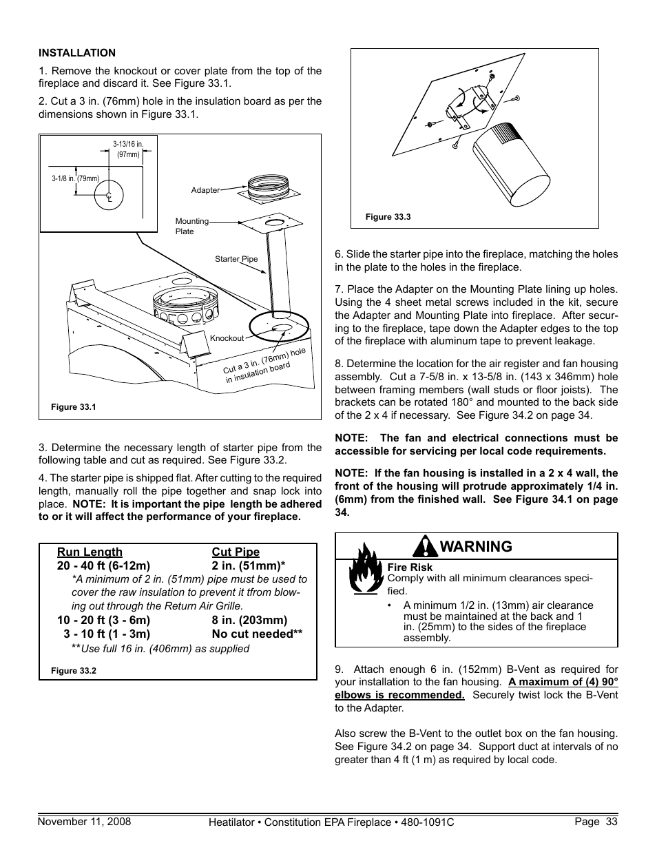 Warning | Hearth and Home Technologies C-40 User Manual | Page 33 / 72