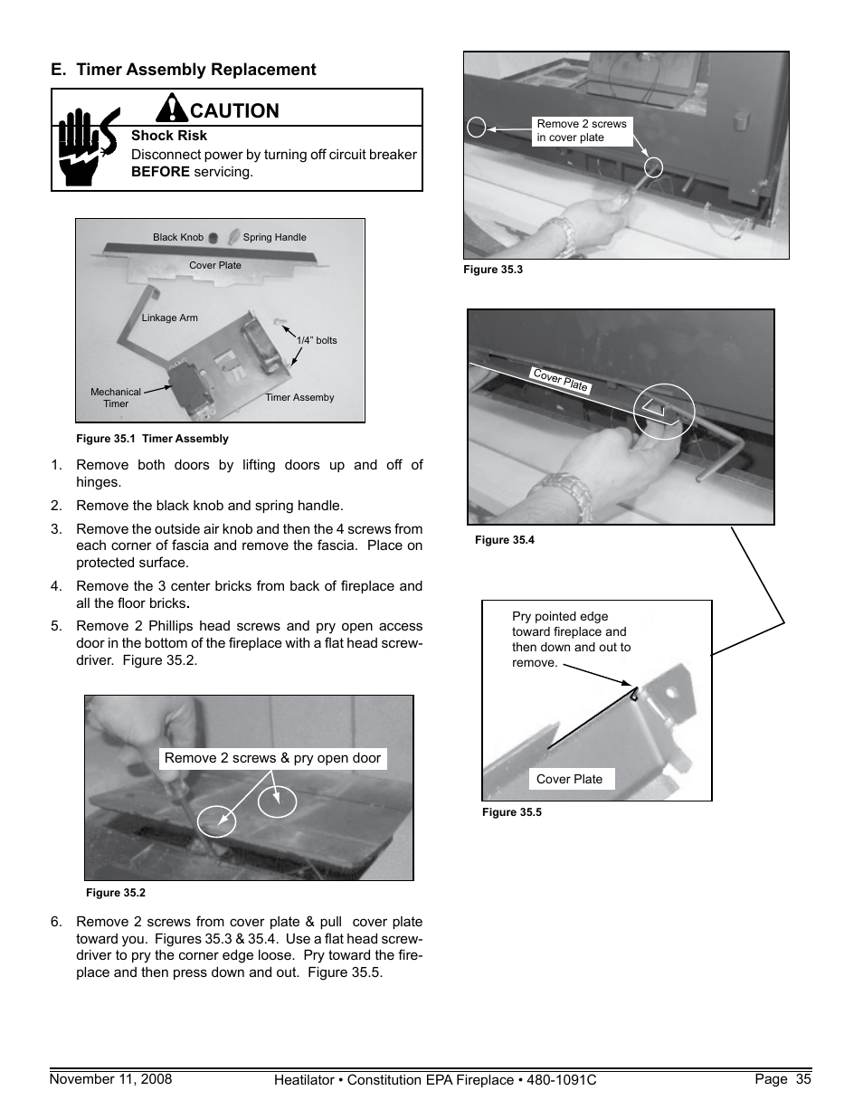 Caution, E. timer assembly replacement | Hearth and Home Technologies C-40 User Manual | Page 35 / 72