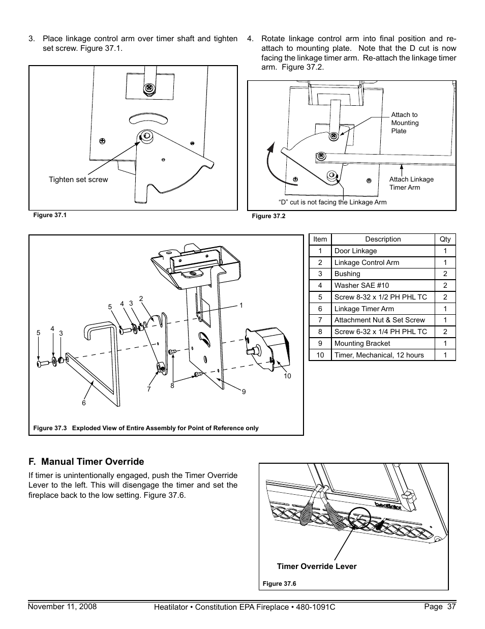 F. manual timer override | Hearth and Home Technologies C-40 User Manual | Page 37 / 72