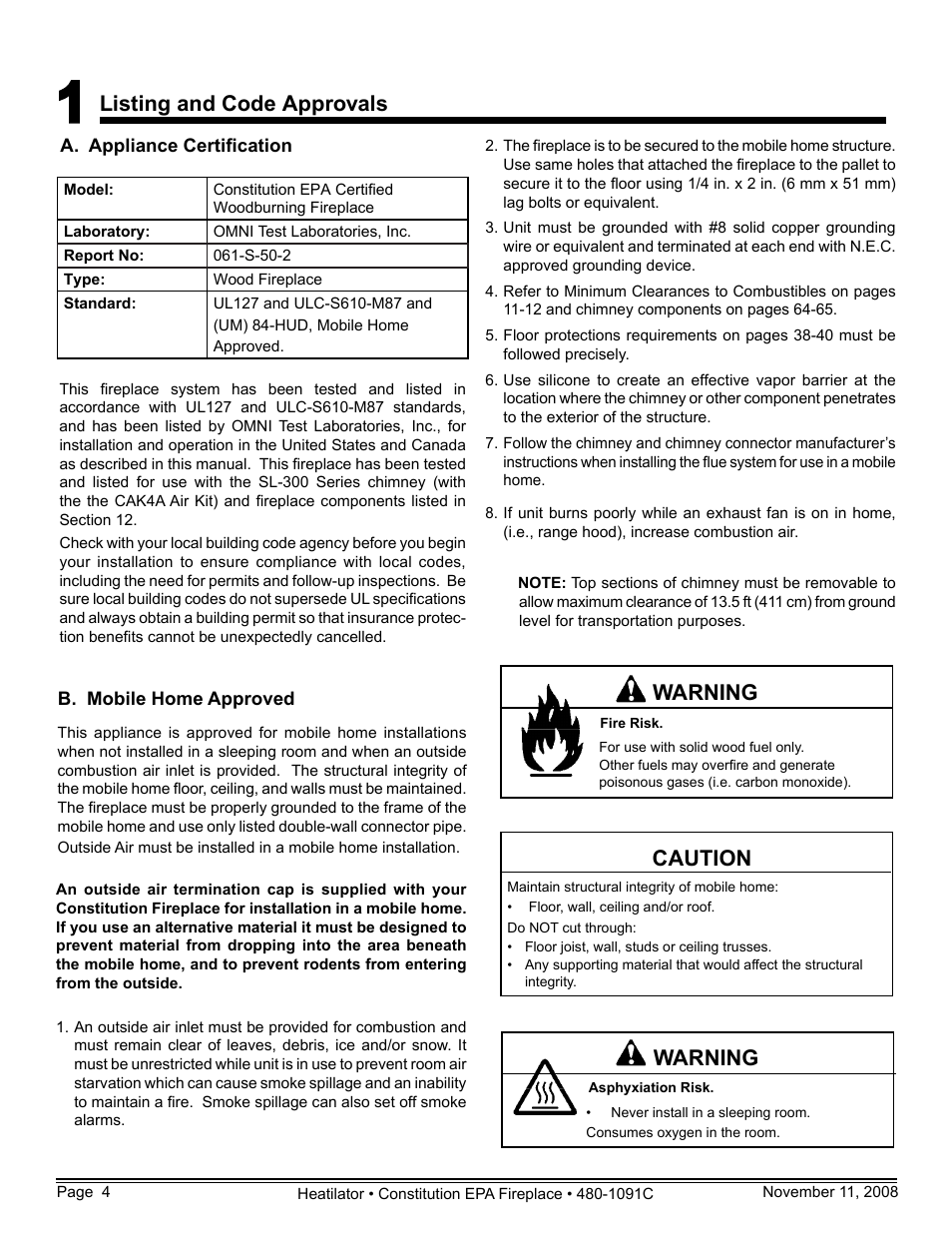 Listing and code approvals, Warning, Caution | Hearth and Home Technologies C-40 User Manual | Page 4 / 72