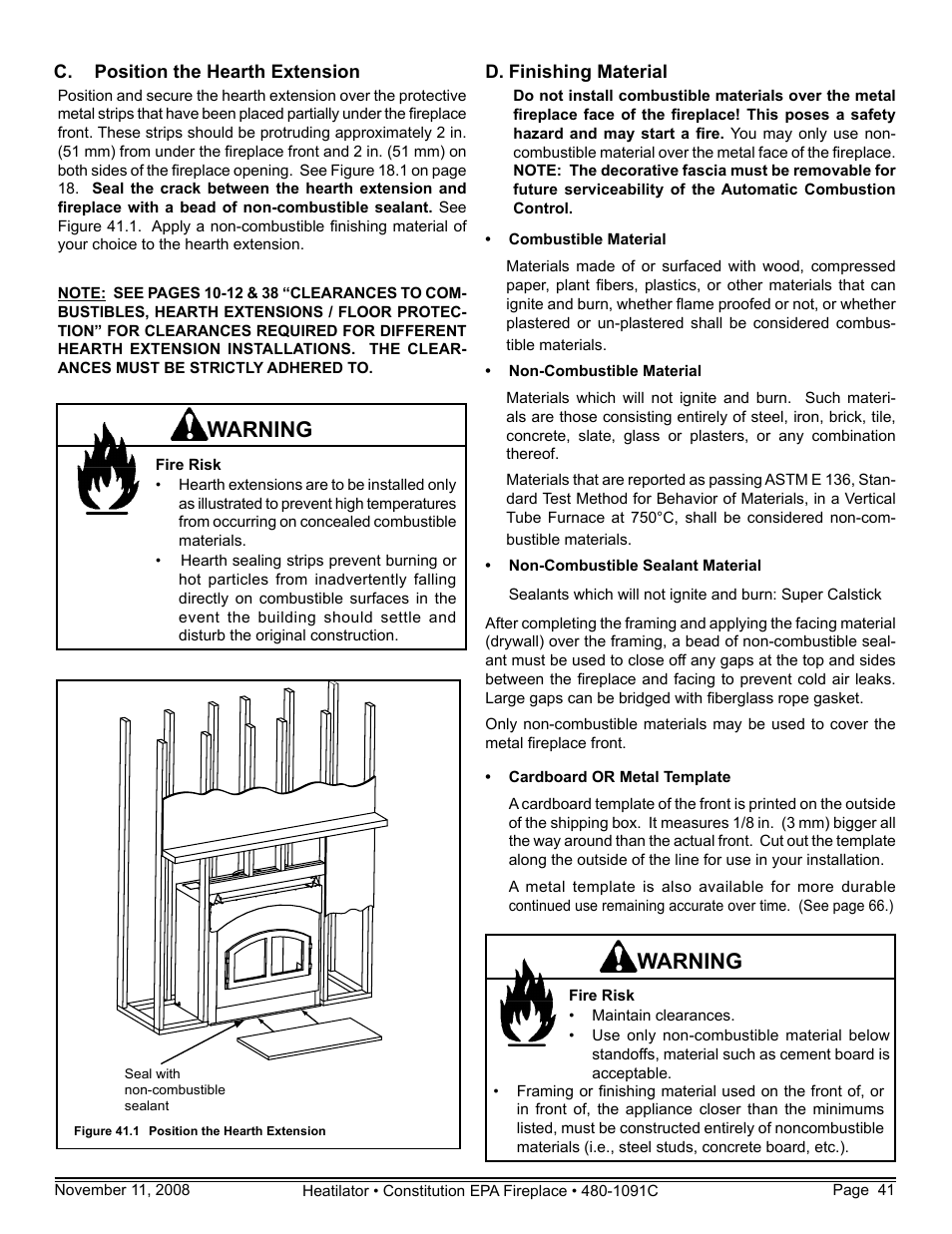 Warning | Hearth and Home Technologies C-40 User Manual | Page 41 / 72