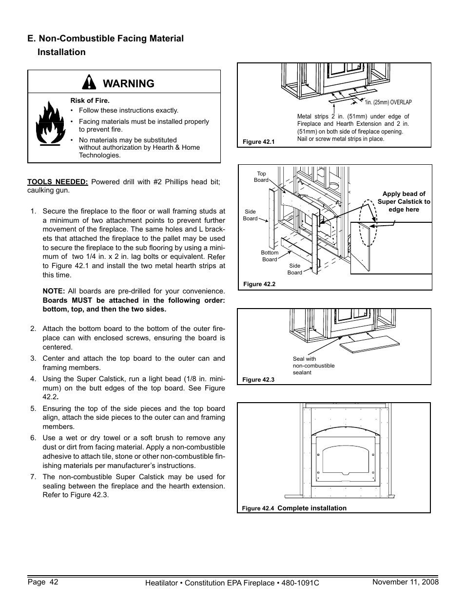Warning, E. non-combustible facing material installation | Hearth and Home Technologies C-40 User Manual | Page 42 / 72