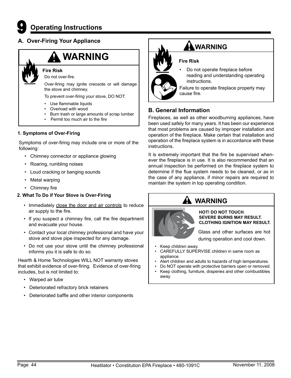 Operating instructions, Warning | Hearth and Home Technologies C-40 User Manual | Page 44 / 72