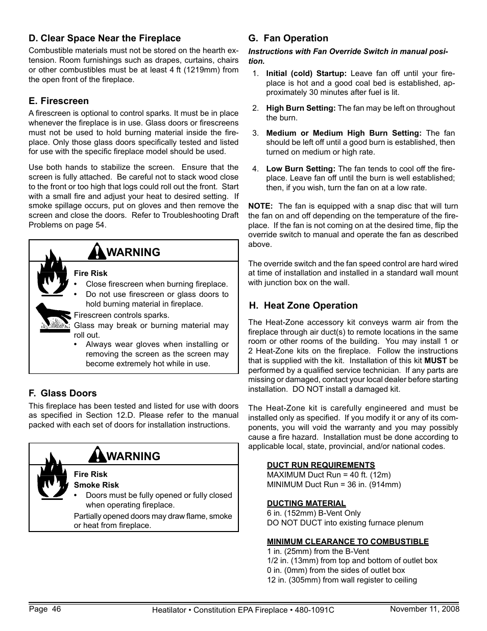 Warning | Hearth and Home Technologies C-40 User Manual | Page 46 / 72