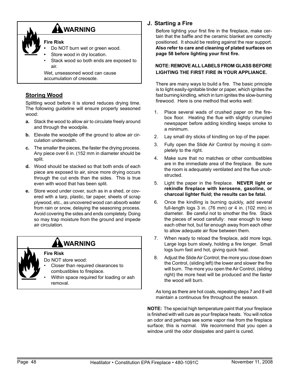 Warning | Hearth and Home Technologies C-40 User Manual | Page 48 / 72