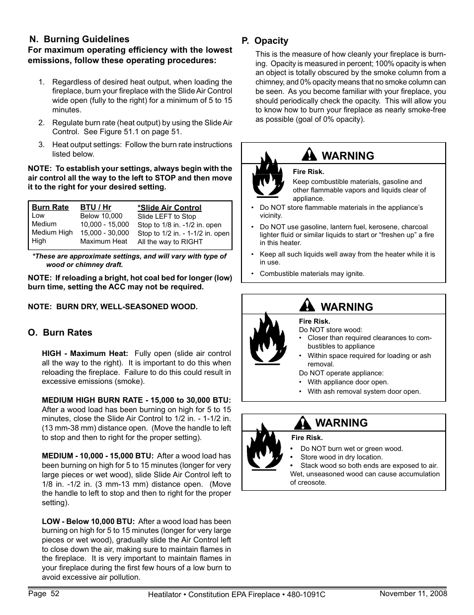 Warning | Hearth and Home Technologies C-40 User Manual | Page 52 / 72