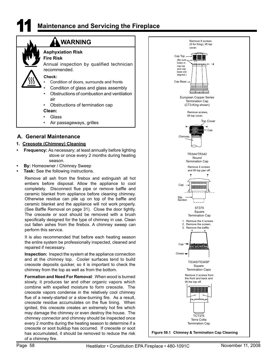 Maintenance and servicing the fireplace, Warning, A. general maintenance | Hearth and Home Technologies C-40 User Manual | Page 58 / 72
