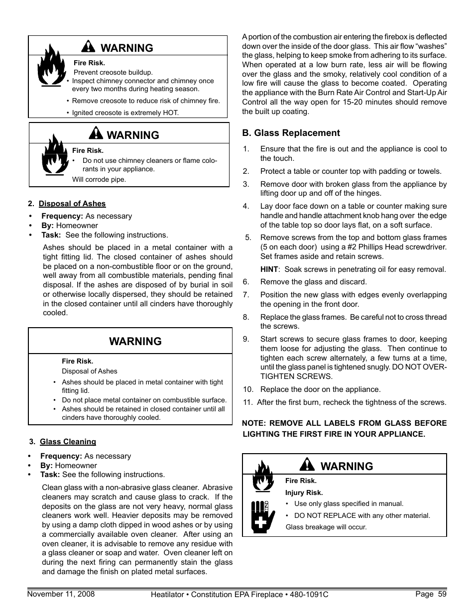 Warning | Hearth and Home Technologies C-40 User Manual | Page 59 / 72