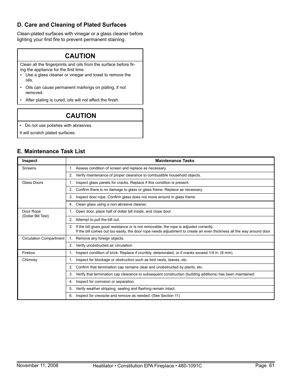 Caution, D. care and cleaning of plated surfaces, E. maintenance task list | Hearth and Home Technologies C-40 User Manual | Page 61 / 72