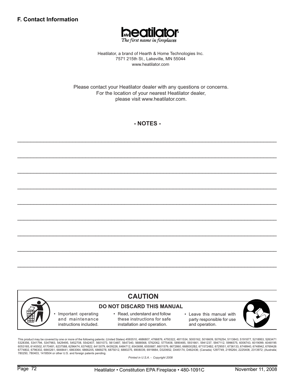 Caution | Hearth and Home Technologies C-40 User Manual | Page 72 / 72
