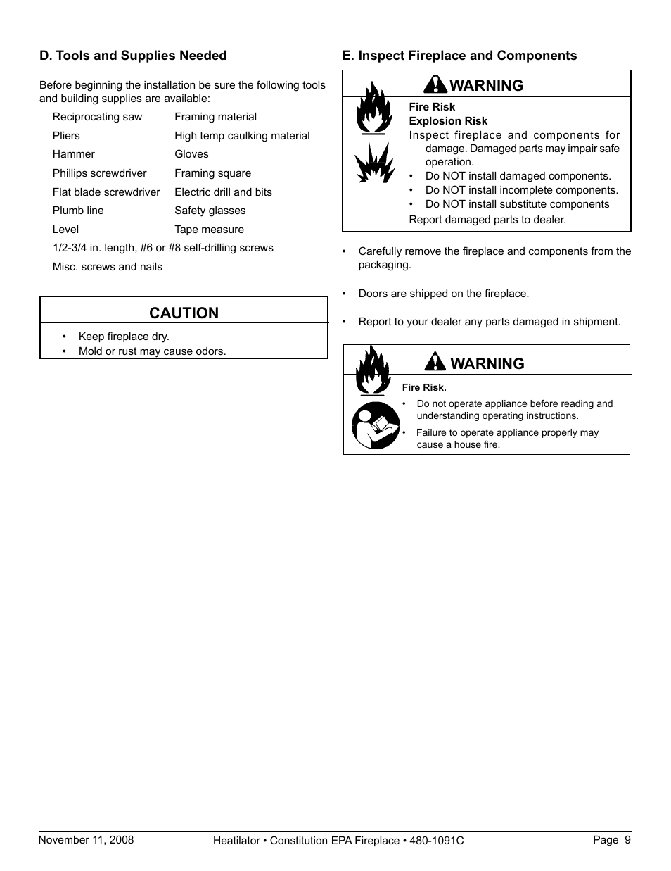 Caution, Warning | Hearth and Home Technologies C-40 User Manual | Page 9 / 72