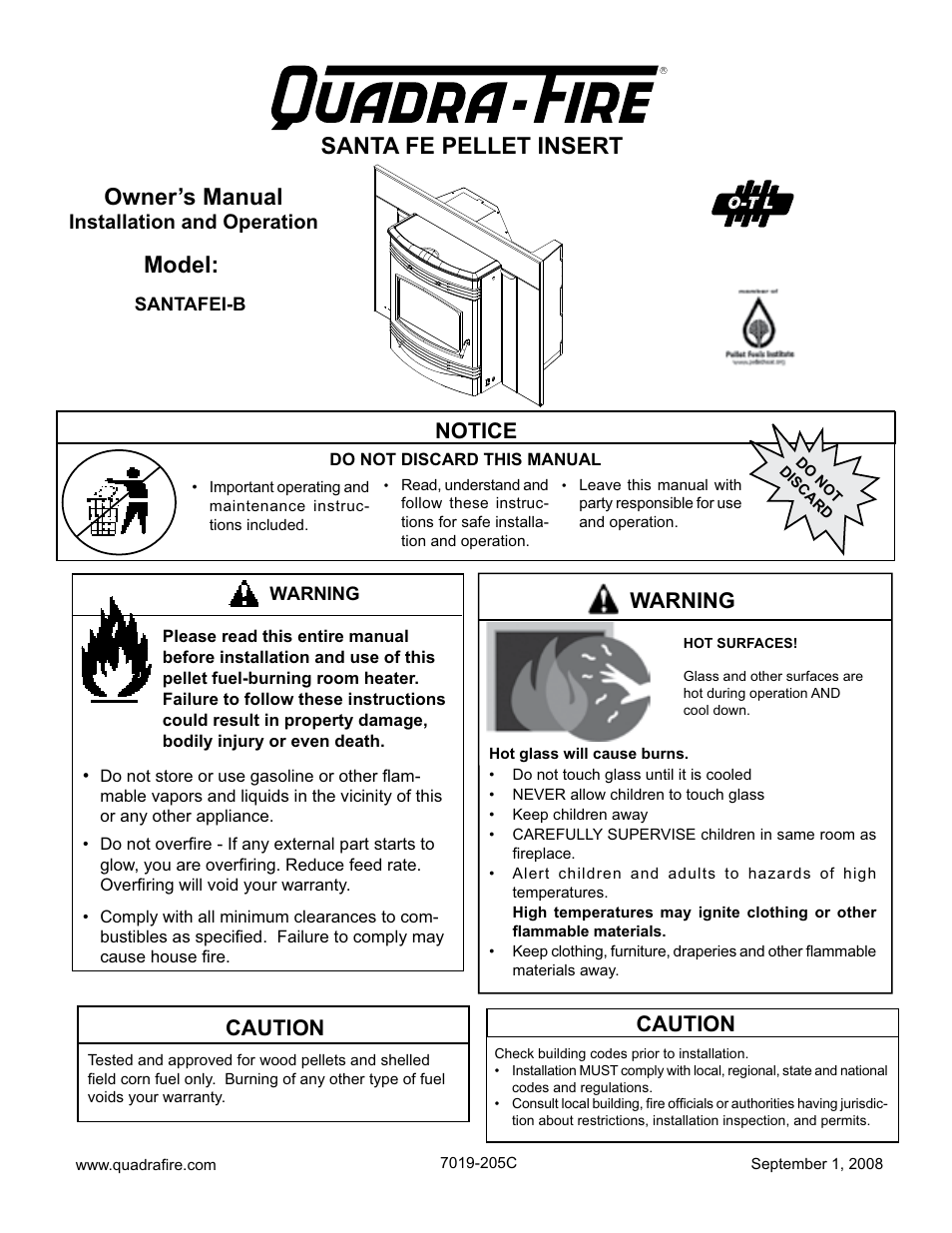 Hearth and Home Technologies Santa Fe Pellet Insert SANTAFEI-B User Manual | 52 pages