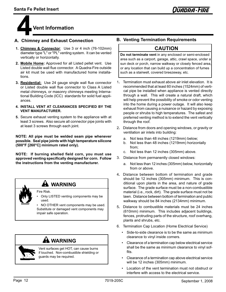 Caution, Warning, Vent information | Hearth and Home Technologies Santa Fe Pellet Insert SANTAFEI-B User Manual | Page 12 / 52