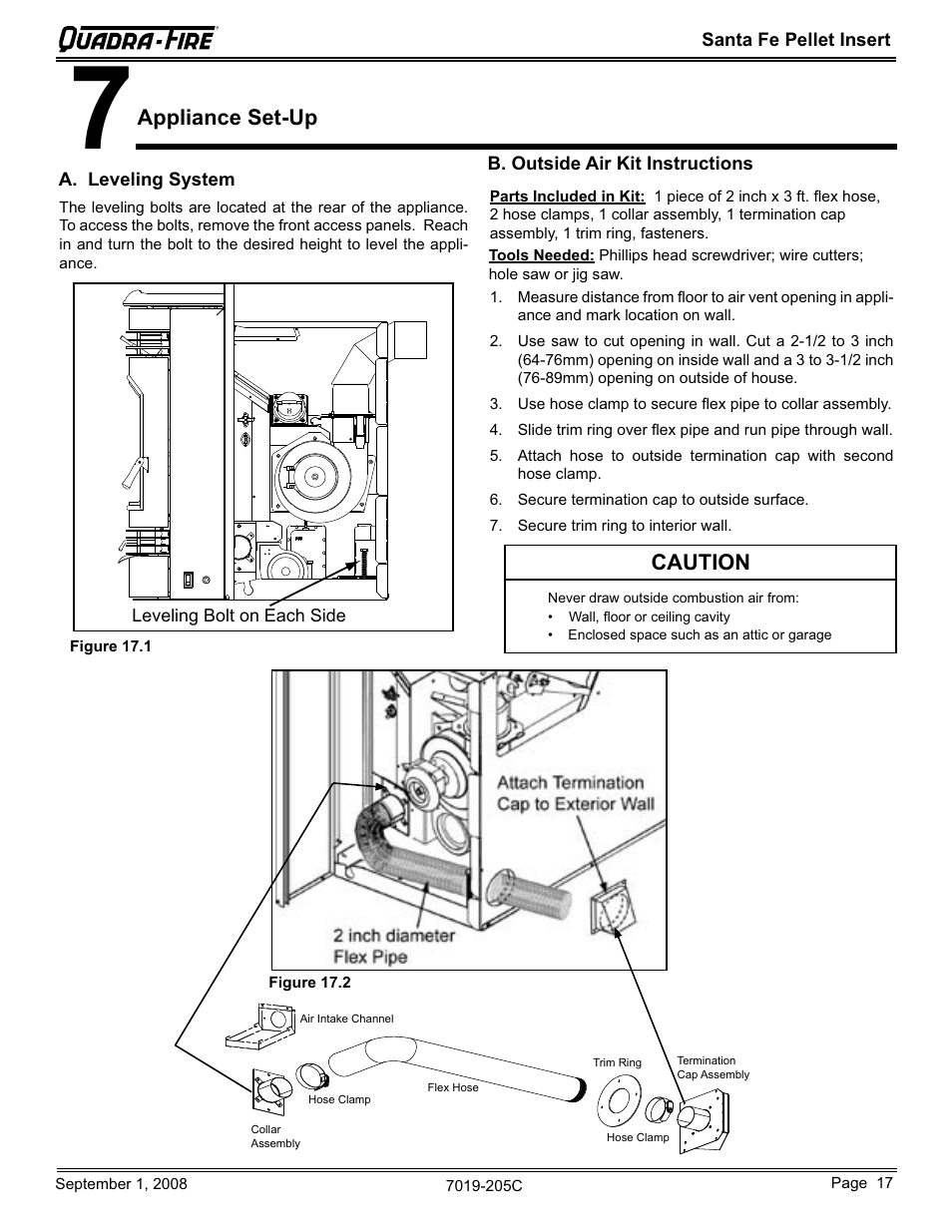Appliance set-up, Caution | Hearth and Home Technologies Santa Fe Pellet Insert SANTAFEI-B User Manual | Page 17 / 52