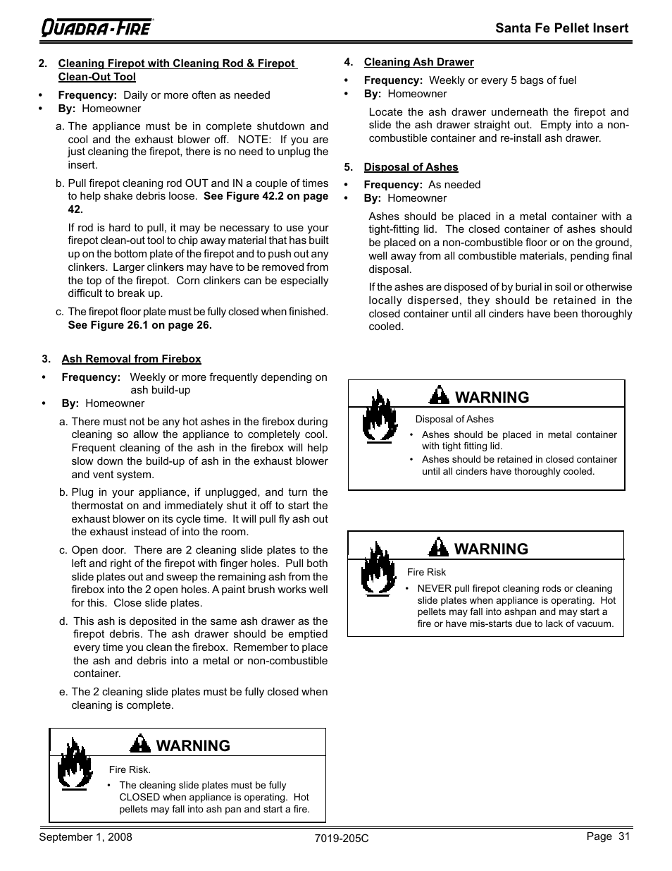 Warning | Hearth and Home Technologies Santa Fe Pellet Insert SANTAFEI-B User Manual | Page 31 / 52