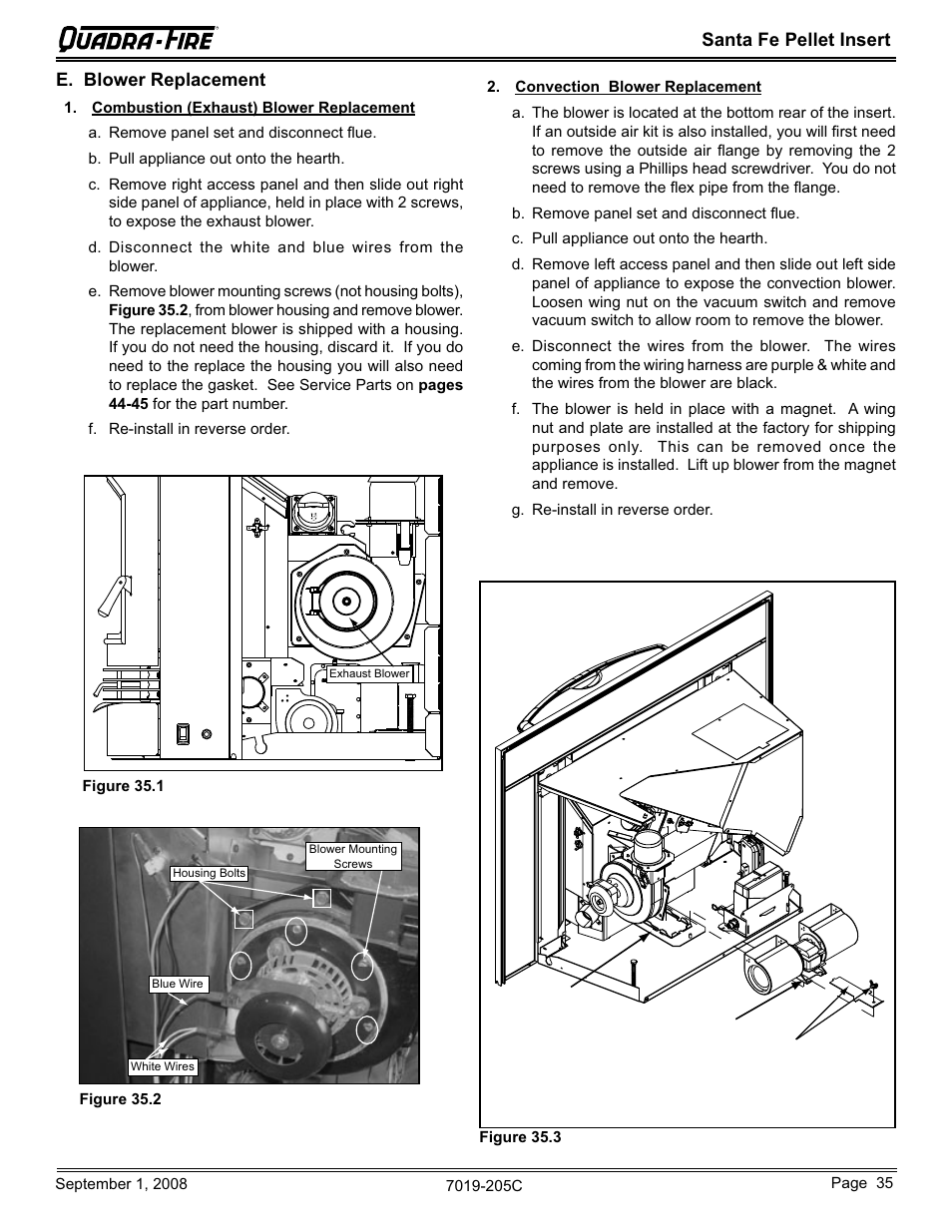 Santa fe pellet insert, E. blower replacement | Hearth and Home Technologies Santa Fe Pellet Insert SANTAFEI-B User Manual | Page 35 / 52