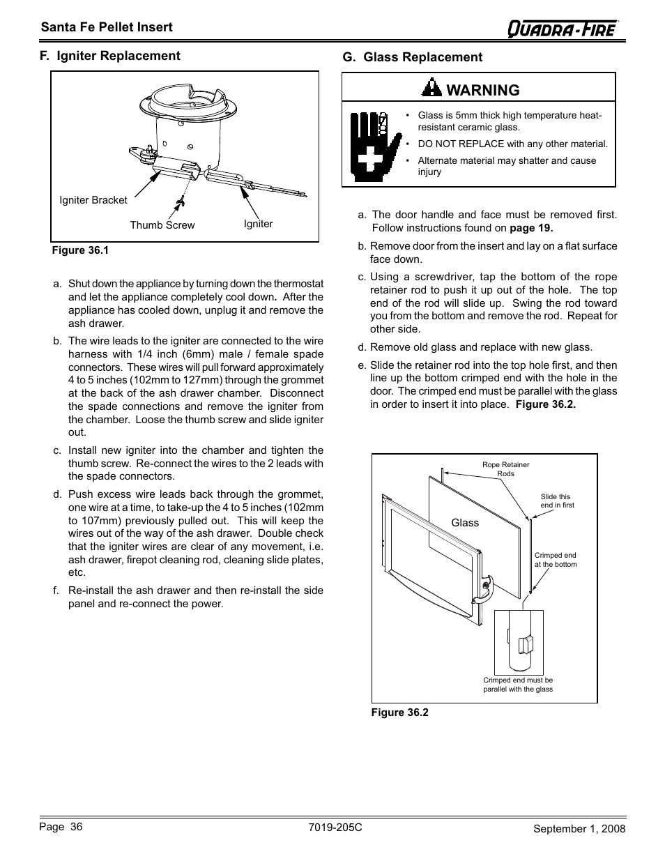 Warning, Santa fe pellet insert f. igniter replacement, G. glass replacement | Hearth and Home Technologies Santa Fe Pellet Insert SANTAFEI-B User Manual | Page 36 / 52