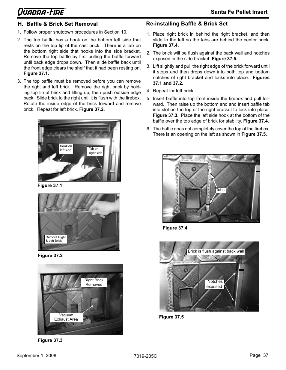 Santa fe pellet insert, Re-installing baffle & brick set, H. baffle & brick set removal | Hearth and Home Technologies Santa Fe Pellet Insert SANTAFEI-B User Manual | Page 37 / 52