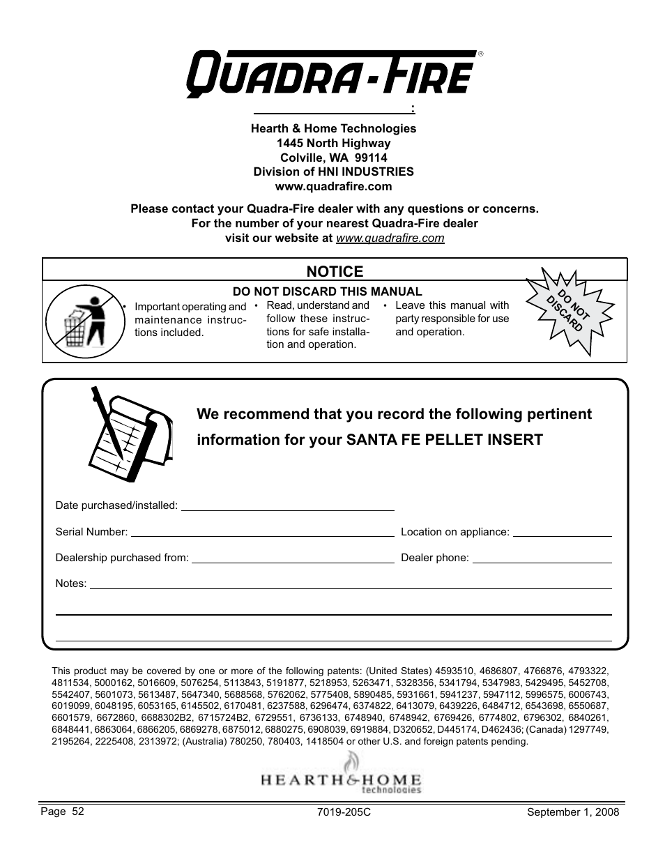 Hearth and Home Technologies Santa Fe Pellet Insert SANTAFEI-B User Manual | Page 52 / 52