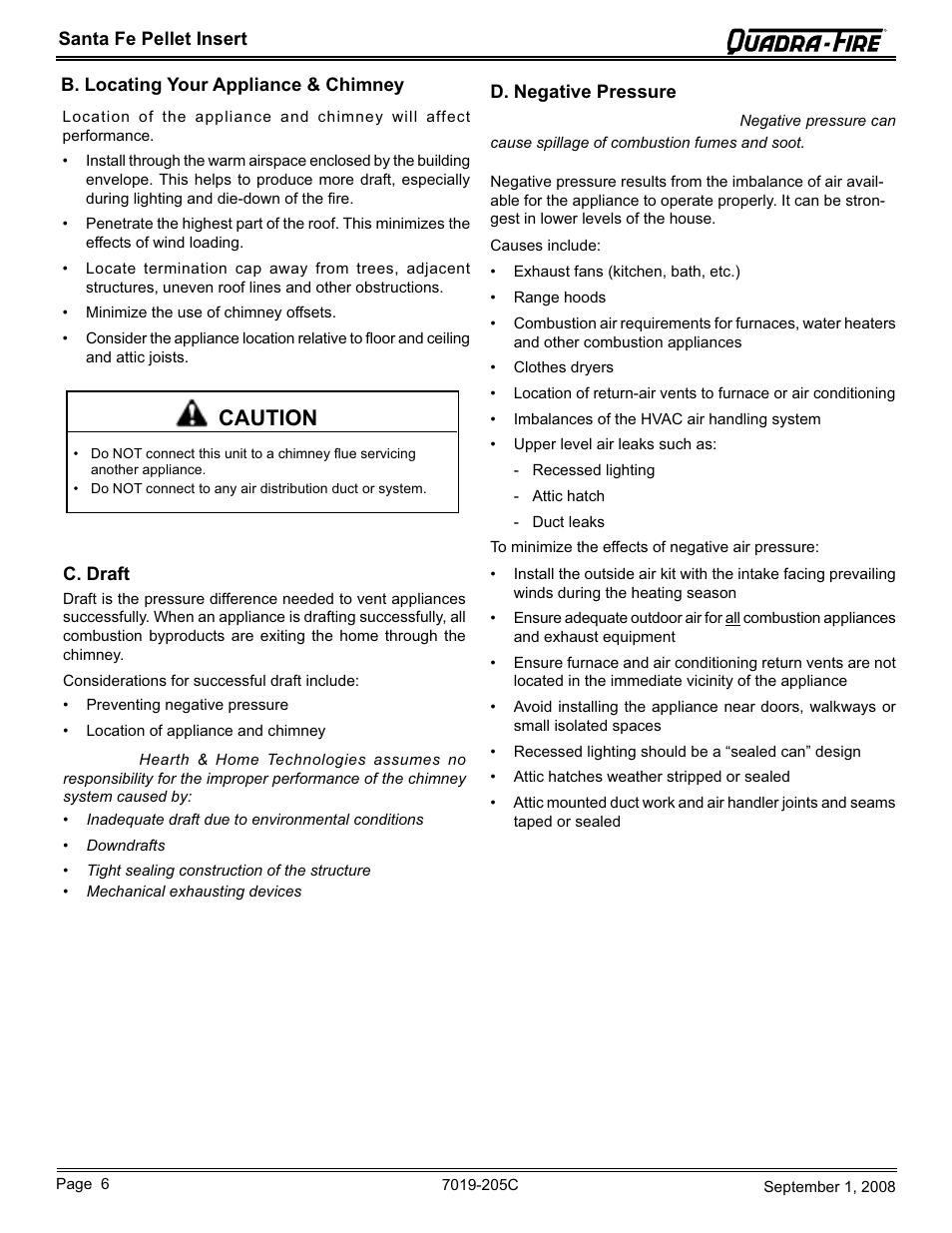 Caution | Hearth and Home Technologies Santa Fe Pellet Insert SANTAFEI-B User Manual | Page 6 / 52