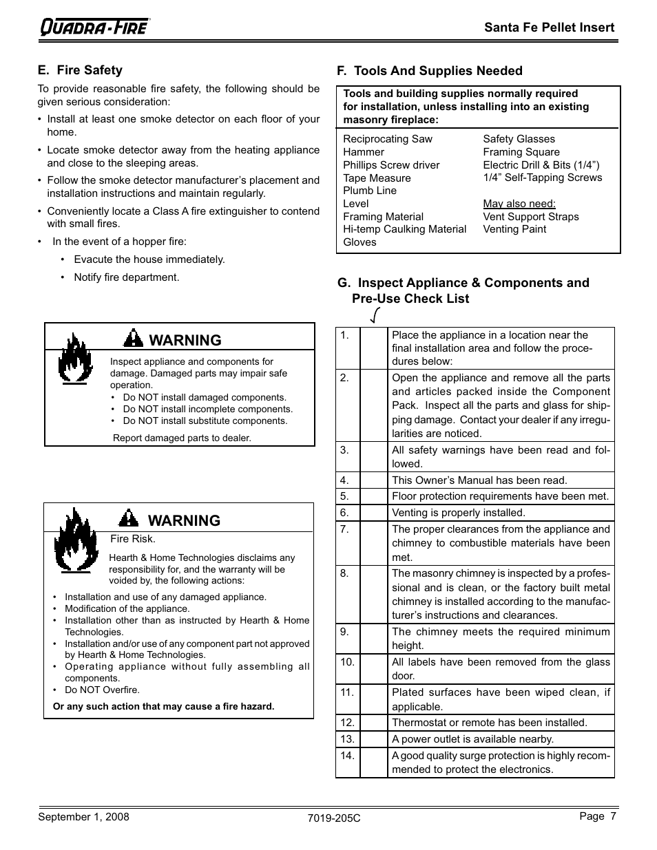 Warning | Hearth and Home Technologies Santa Fe Pellet Insert SANTAFEI-B User Manual | Page 7 / 52