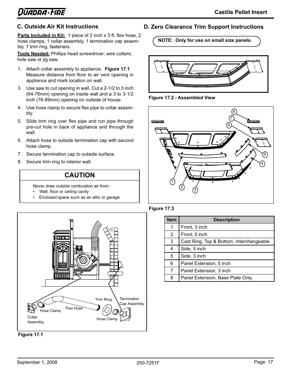 Caution, D. zero clearance trim support instructions | Hearth and Home Technologies Castile Insert Pellet CASTINS-CWL User Manual | Page 17 / 48